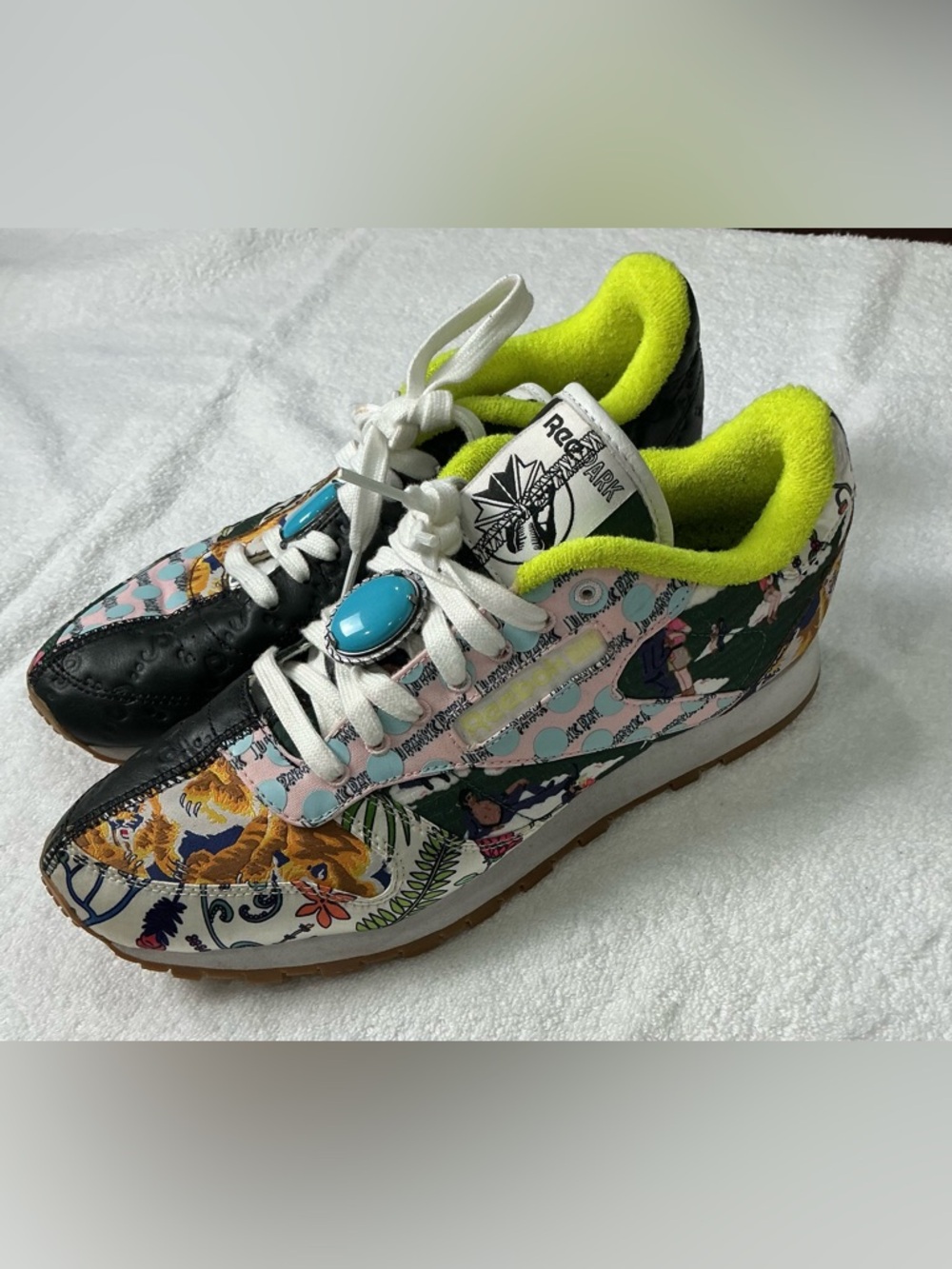 Reebok Colorful Graphic Leather Sneakers in Neon Yellow, Turquoise & Black